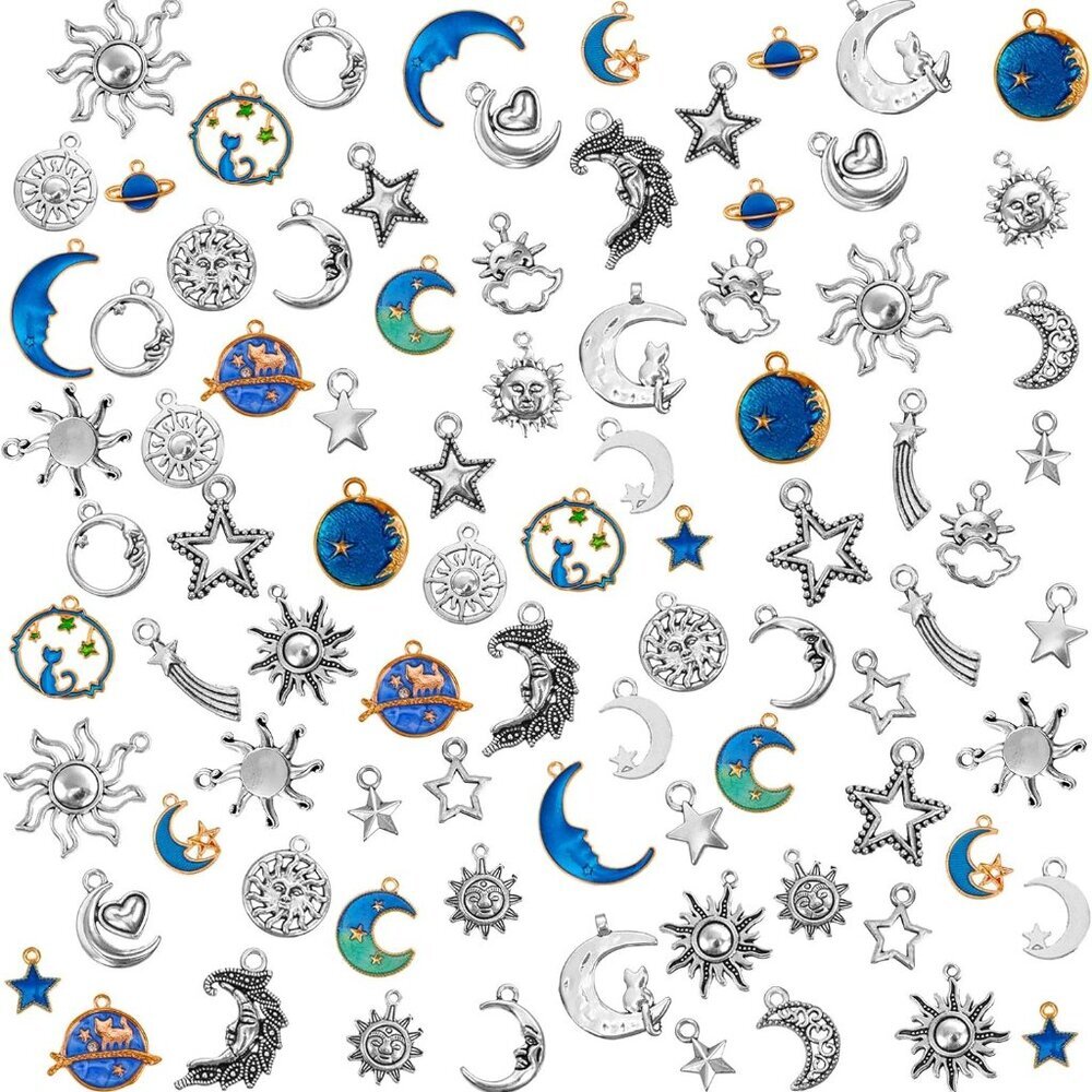 108 Pieces Jewelry Charms, Mixed Antique Silver Sun Stars Moon Charms Pendants,